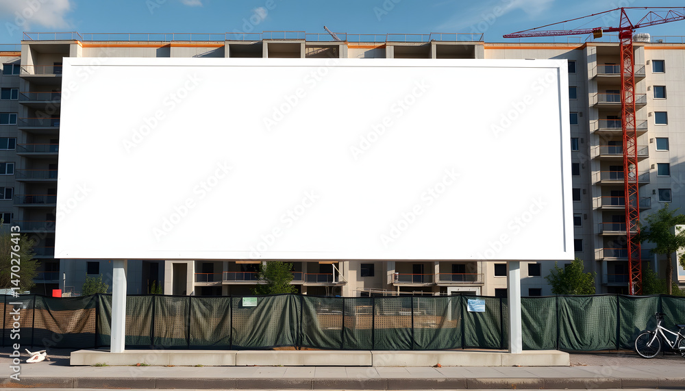 Blank white billboard for advertisement in front of the construction site. There is modern apartment building in the background, vintage. White tone Blank white billboard for advertisement in front of the construction site. There is modern apartment building in the background, vintage. White tone