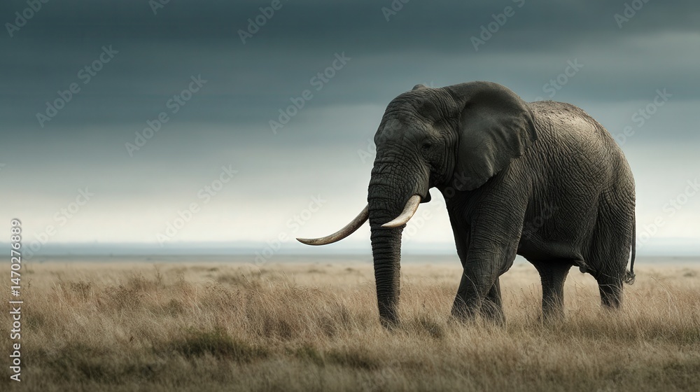 Fototapeta premium Elephant walking savanna wildlife photography flat horizon side profile low resolution