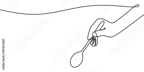 Single Line Art Act Eating Hand Gripping Spoon Firmly. Mealtime Food Minimalist Vector Drawn Art.