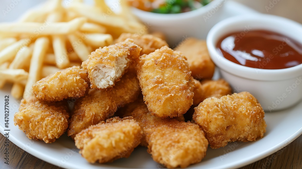 A crispy chicken nugget meal with barbecue sauce A crispy chicken nugget meal with barbecue sauce