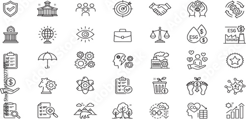 ESG Environmental Social Governance concept editable stroke outline icons set isolated on white background flat vector illustration.