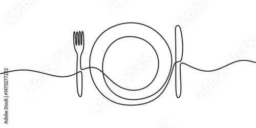Single Line Art Proper Table Setting Plate Knife Fork Positioned. Meal Dining Minimalist Vector Art.