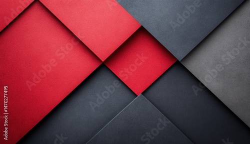 Abstract geometric design with overlapping red, gray, and dark gray shapes