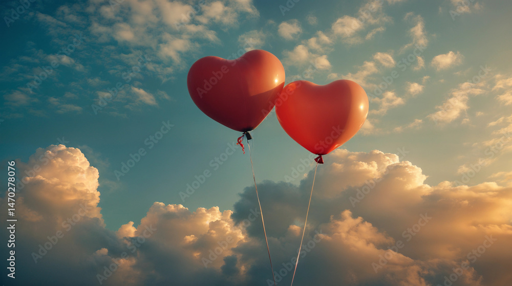 Fototapeta premium Two pink heart-shaped balloons flying in a blue sky at sunset