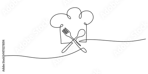 Minimalist Line Illustration Culinary Arts Chef Hat Crossed Cutlery. Cooking Profession Vector.