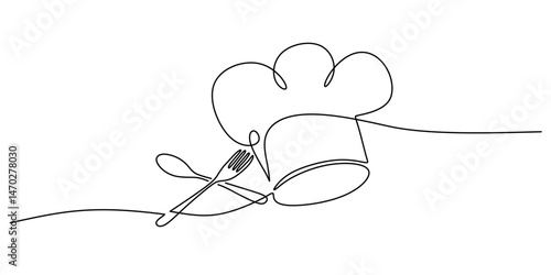 Continuous Line Drawing Chef Hat Spoon Fork Emblem. Professional Cooking Culinary Symbol Vector Art.