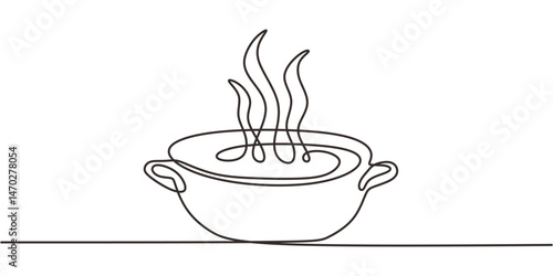 Continuous One Line Drawing Steaming Soup Bowl. Minimalist Hot Comfort Food Meal Vector Illustration.