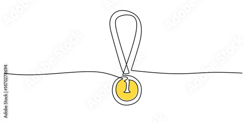 Continuous One Line Drawing Gold Medal Ribbon Award. Winner First Place Achievement Sport Vector Icon.