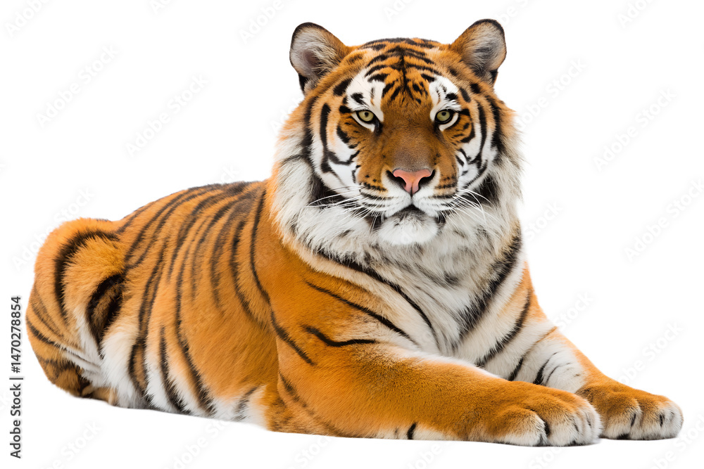 Obraz premium Lying tiger relaxed and isolated on a black background looking forward, tiger, lying, relaxed, isolated, black background, feline, wild cat, wildlife, predator, carnivore, animal, mammal, orange