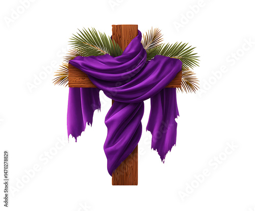 Wooden cross draped in purple cloth, adorned with palm branches, symbolizing Lent and Holy Week.