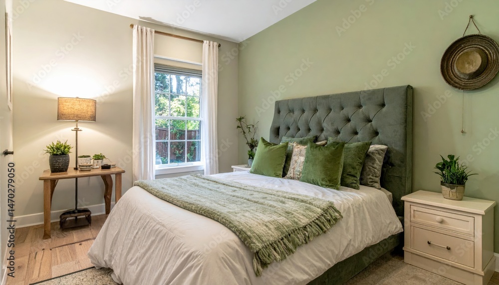 Serene Green Bedroom Interior Design featuring a cozy bed with lush bedding and a tranquil atmosphere Serene Green Bedroom Interior Design featuring a cozy bed with lush bedding and a tranquil atmosphere