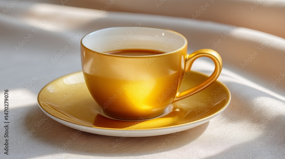 Fototapeta premium Elegant Golden Coffee Cup and Saucer Set Casting Warm Light on Soft Textured Surface