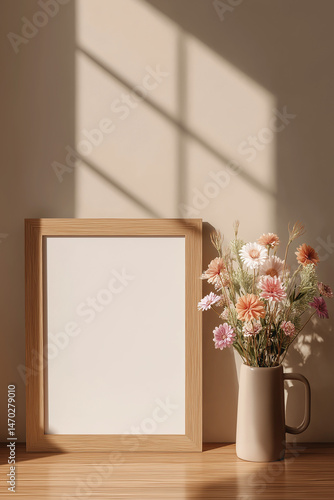 Wooden Picture Frame Mockup on Beige Wall with Flowers, beige wall, wooden picture frame mockup, vertical A4 format, white background, minimalist style, bouquet of flowers in vase on right side, simpl