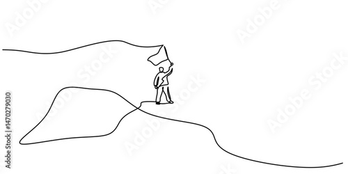 Continuous One Line Drawing Hand Flag Mountain Summit. Achievement Success Goal Victory Vector Art.