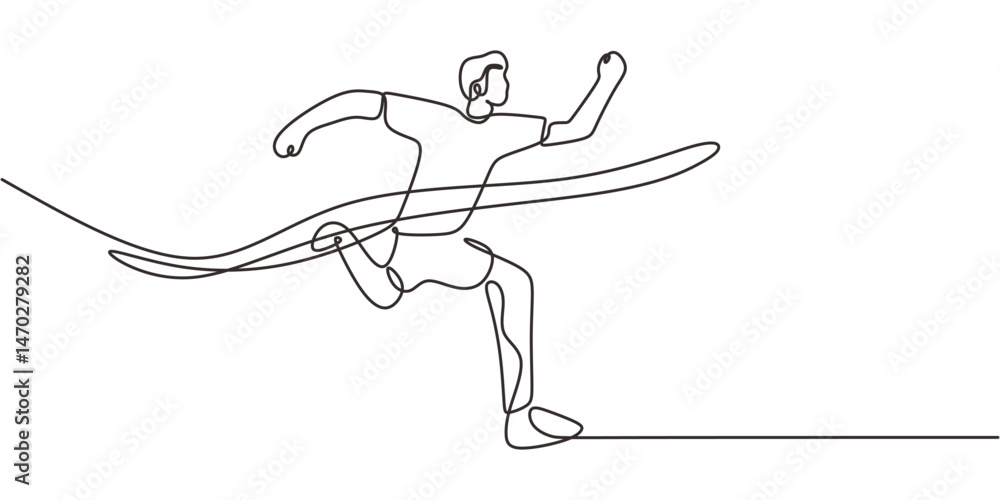 Fototapeta premium Continuous One Line Drawing Person Finish Line Ribbon. Winner Race Competition Victory Success Vector.