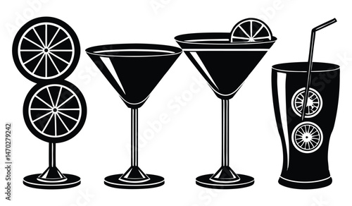 Monochrome Cocktail & Drink Icon Set, Vector Bar Graphics with Garnish, On White Background

