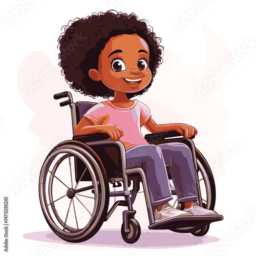 Cartoon African American Girl Smiling In A Wheelchair Illustration On White Background