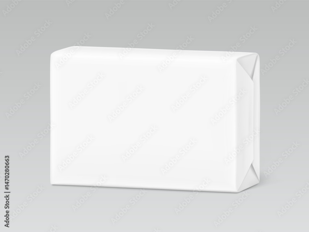 Fototapeta premium Realistic wrap packaging for bar soap mockup. Vector illustration isolated on grey background. Easy to use for presentation your product, idea, design. EPS10.