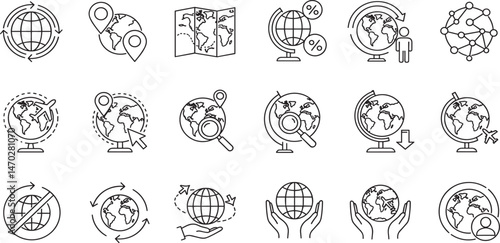 Globe and planet related editable stroke outline icons set isolated on white background flat vector illustration. 