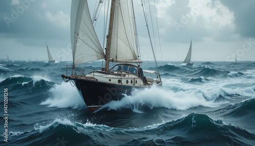 Sailing on turbulent seas with multiple boats competing under dramatic skies during a cloudy day