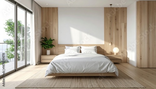 Modern minimalist bedroom interior design featuring a light wood platform bed natural light and a view of lush greenery