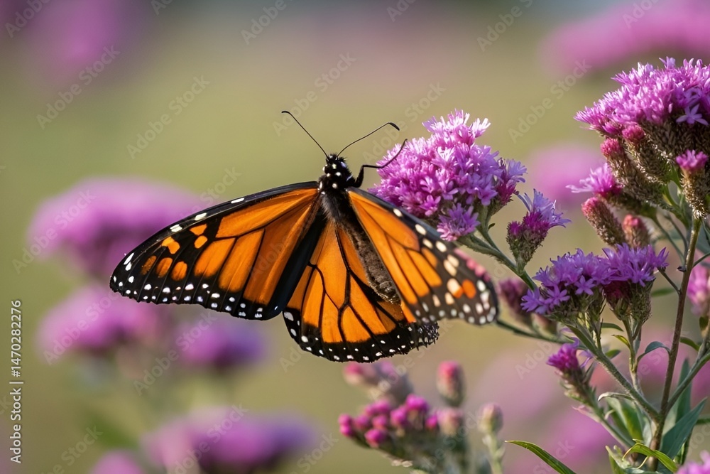 Fototapeta premium Monarch Butterfly on Purple Flowers in Sunlit Garden Close-Up