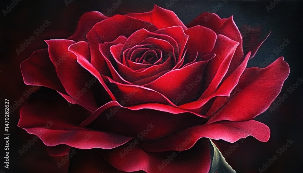 Close-up of deep-red rose with layered petals against dark background and bluish-green leaves. Close-up of deep-red rose with layered petals against dark background and bluish-green leaves.