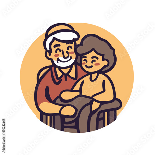 Loving Grandfather Embracing Granddaughter Illustration In Cartoon Style Family Connection