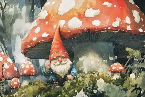 Shy gnome hiding behind a giant mushroom in a vibrant forest photo