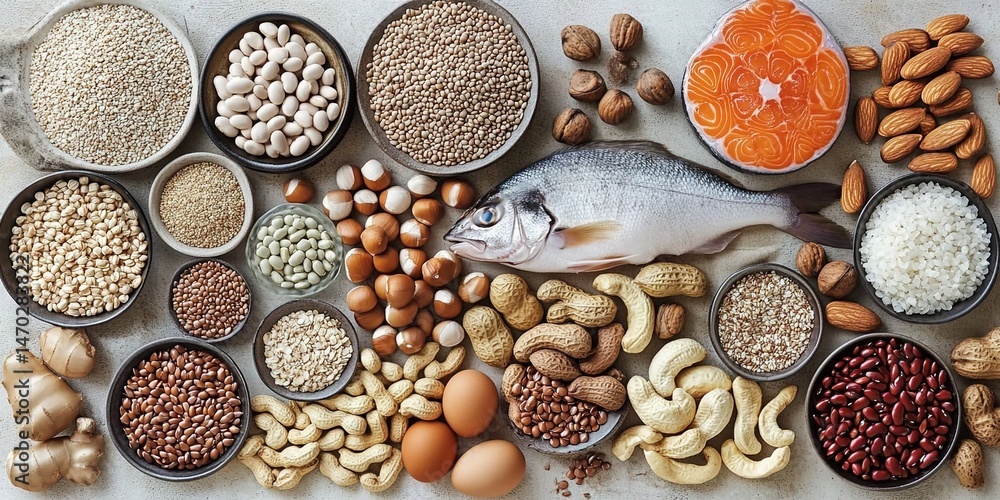 Fototapeta premium Fresh fish surrounded by beans, grains, nuts, eggs, and meats as protein sources.