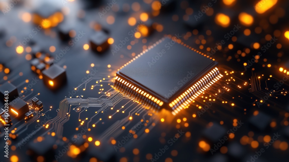 Hyper-realistic close-up of a microchip with intricate glowing connections on a futuristic circuit board at night