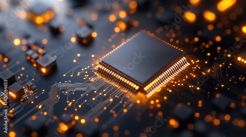 Obraz na płótnie Hyper-realistic close-up of a microchip with intricate glowing connections on a futuristic circuit board at night w salonie