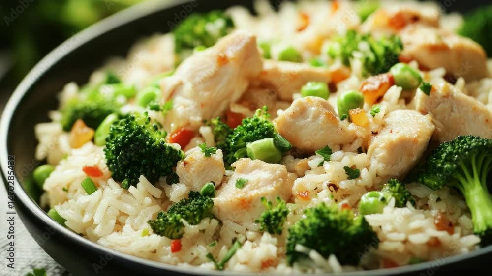 A simple meal consisting of rice, broccoli, and cooked chicken in a bowl A simple meal consisting of rice, broccoli, and cooked chicken in a bowl