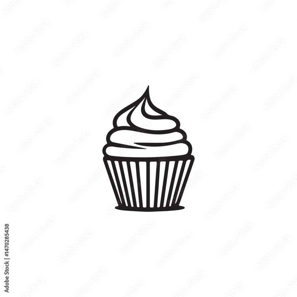 Cupcake with top cream frosting and wrapper, Minimal line art black and white icons vector art illustration. Cupcake with top cream frosting and wrapper, Minimal line art black and white icons vector art illustration.