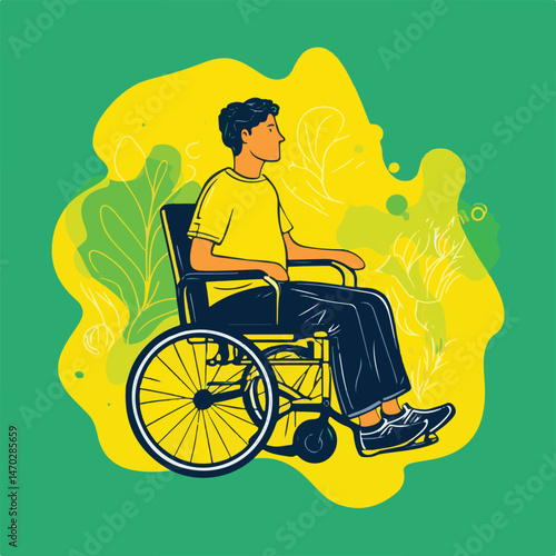 Young Man In Wheelchair With Abstract Green And Yellow Background Illustration