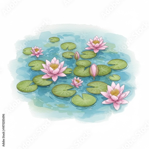 Watercolor Painting of Pink Water Lilies and Lily Pads