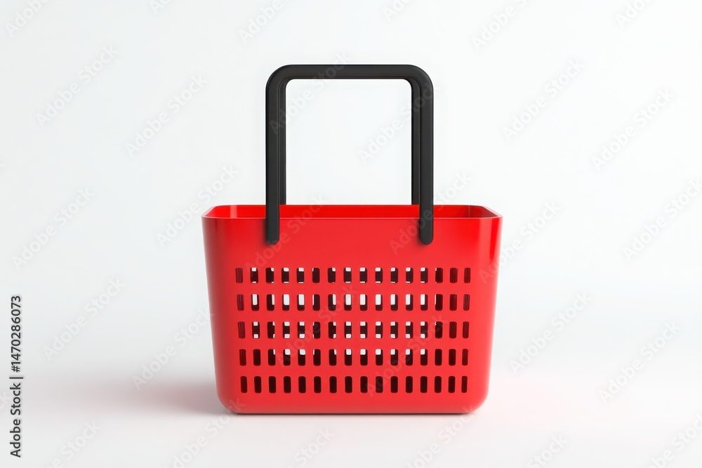 Fototapeta premium A bright red shopping basket with a grid pattern and black handle for themes of shopping and retail on a clean white background