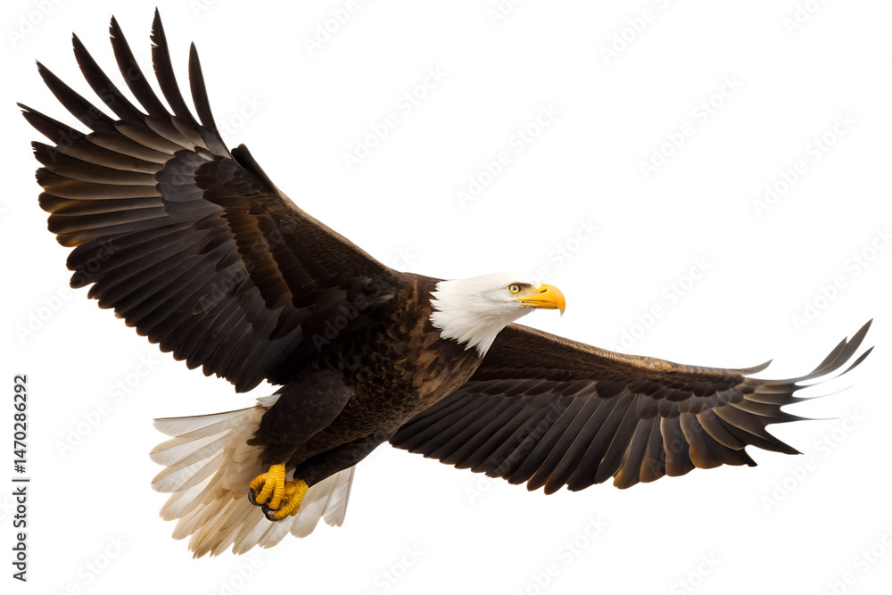 Naklejka premium Majestic bald eagle soars with impressive wings against a black background, bald eagle, eagle, bird, flying, flight, wings, soaring, predator, wildlife, nature, animal, freedom, symbol, american