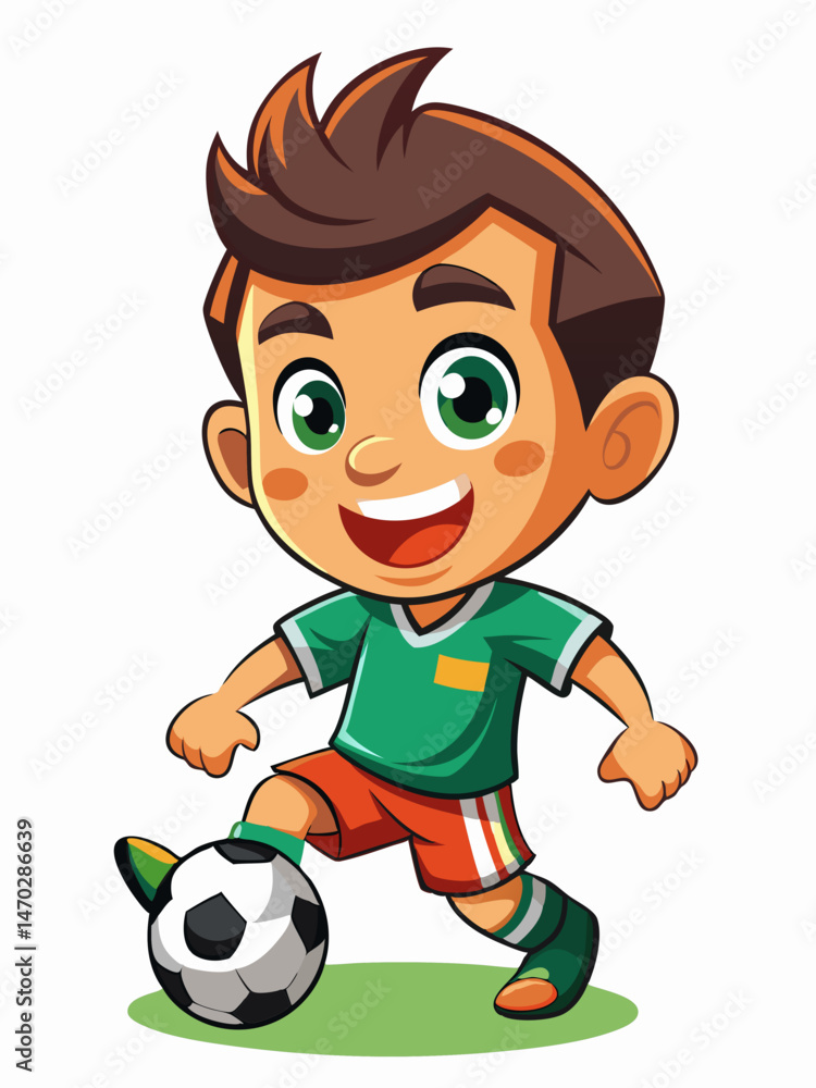 Happy Cartoon Boy Soccer Player Kicking Ball Green Jersey Happy Cartoon Boy Soccer Player Kicking Ball Green Jersey