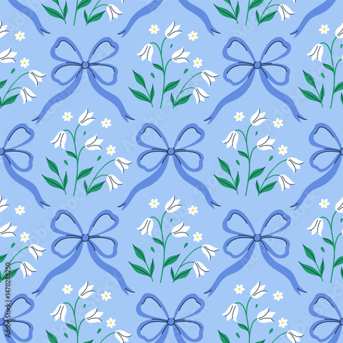 Seamless pattern with flowers and blue bows. Vector graphics.