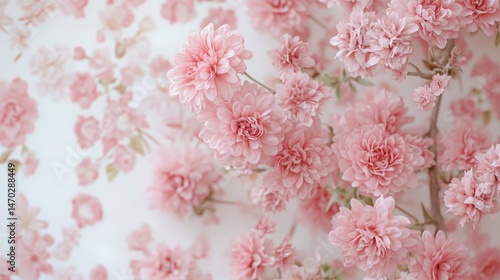 Cluster of pink flowers arranged against floral-patterned pink and white wallpaper
