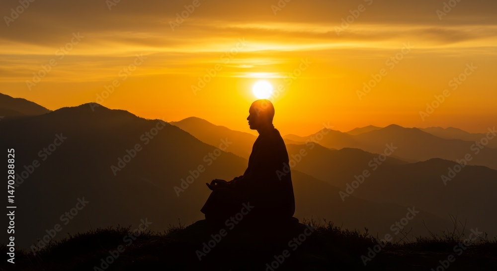Serene Silhouette of a Meditating Monk Against a Golden Sunset Landscape Serene Silhouette of a Meditating Monk Against a Golden Sunset Landscape