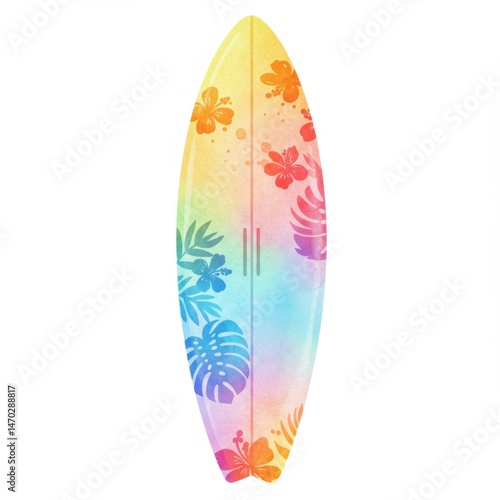 Rainbow Watercolor Surfboard with Tropical Flowers