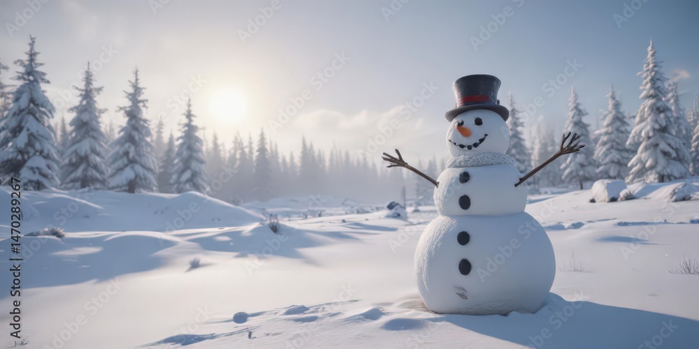 Obraz premium Frosty snowman in expansive snowscape, winter gear scattered , empty, skis, ice