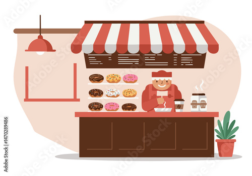 A cheerful baker serves delicious donuts at a vintage shop. Bright colors and a welcoming atmosphere celebrate National Donut Day. Perfect for food, bakery, or holiday illustrations.