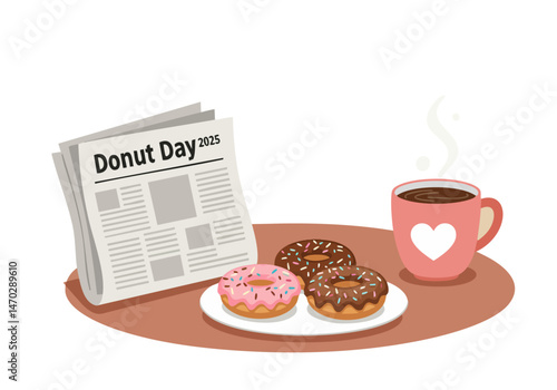A cheerful scene featuring donuts, coffee, and a newspaper on a table. Perfect for food, lifestyle, or promotional content. Bright, inviting, and commercially appealing.
