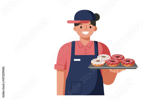 A smiling donut shop worker presents a tray of colorful donuts. Bright, cheerful illustration for food marketing and branding. Clean, modern design.