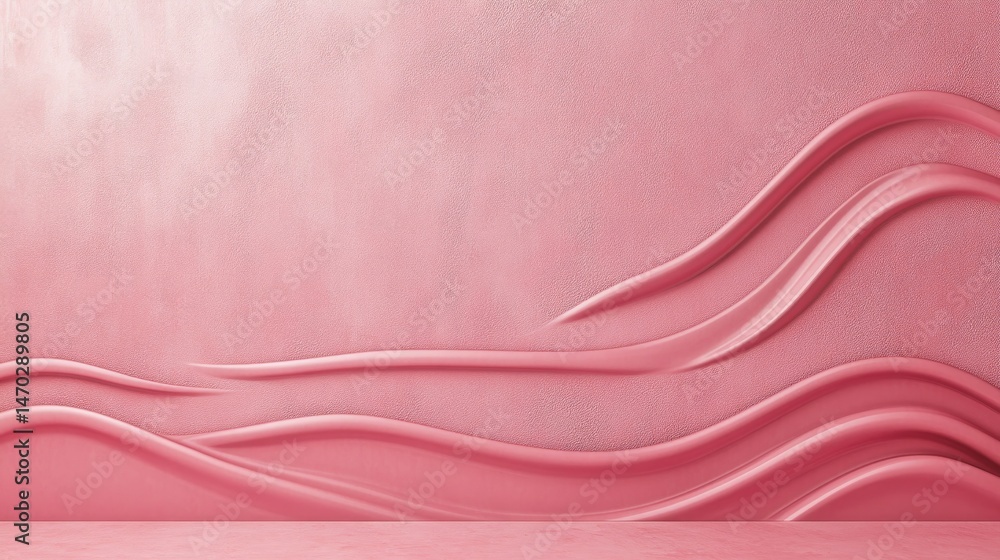 Fototapeta premium Close-up of pink wallpaper with a wavy design on the bottom half of the wall.