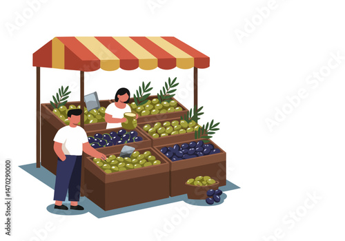A vibrant olive stall displays fresh olives under a striped awning. Two vendors assist customers, promoting Olive Day 2025. Modern illustration style.