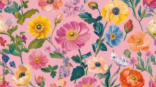 Wallpaper Mural Pink floral wallpaper with vibrant multicolored blossoms, ideal for interior décor and design projects Torontodigital.ca